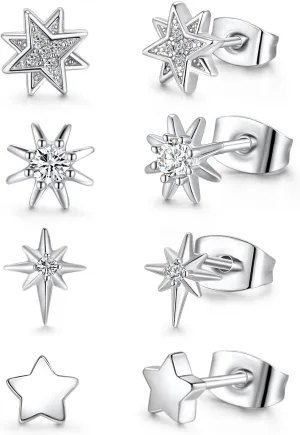 4 Pairs Star Stud Earrings for Women, Celestial Earrings, Silver Gold Stud Earrings Set Hypoallergenic for Sensitive Ears