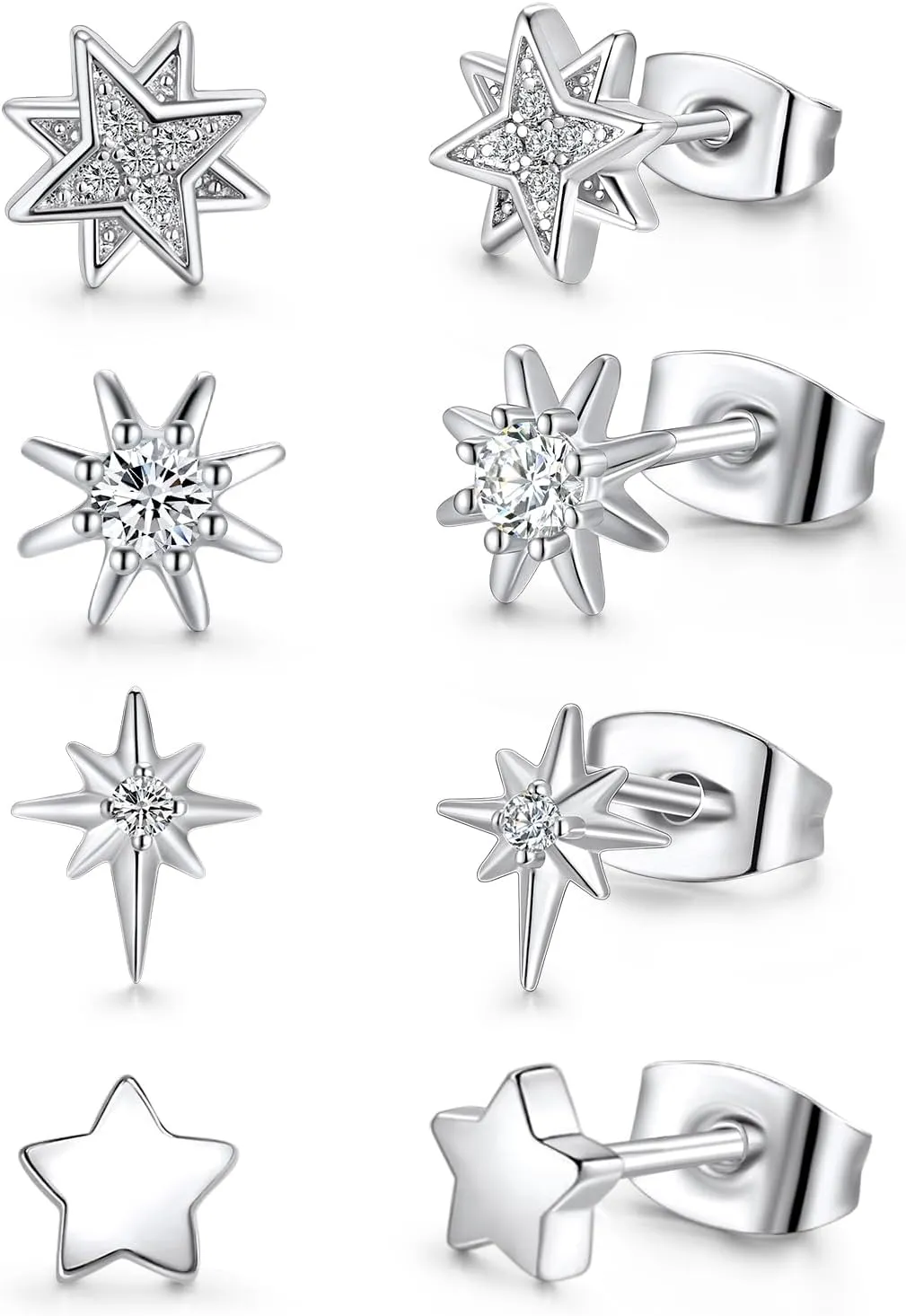 4 Pairs Star Stud Earrings for Women, Celestial Earrings, Silver Gold Stud Earrings Set Hypoallergenic for Sensitive Ears