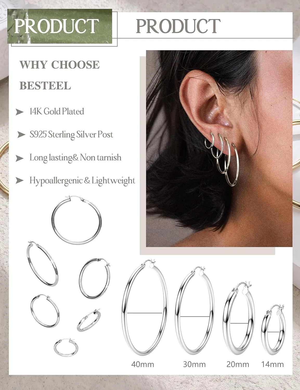 4 Pairs Sterling Silver Hoop Earrings for Women - Small 14K Gold Plated Hoop Earring Set, Hypoallergenic Lightweight Thin Silver Hoops for Sensitive Ears- Medium Big Stack Earrings for Women Gift