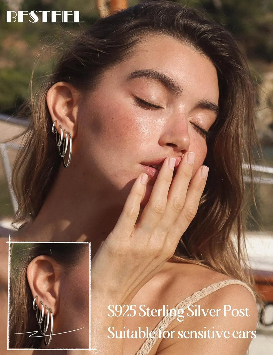 4 Pairs Sterling Silver Hoop Earrings for Women - Small 14K Gold Plated Hoop Earring Set, Hypoallergenic Lightweight Thin Silver Hoops for Sensitive Ears- Medium Big Stack Earrings for Women Gift