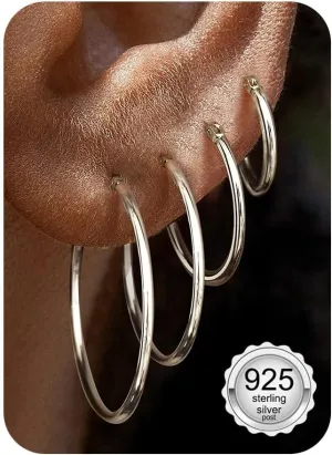 4 Pairs Sterling Silver Hoop Earrings for Women - Small 14K Gold Plated Hoop Earring Set, Hypoallergenic Lightweight Thin Silver Hoops for Sensitive Ears- Medium Big Stack Earrings for Women Gift