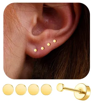4Pairs 2MM Flatback Stud Earrings for Women Girls Tiny Dot Stud Earring Stainless Steel Hypoallergenic Handmade Screw Back Earrings Set