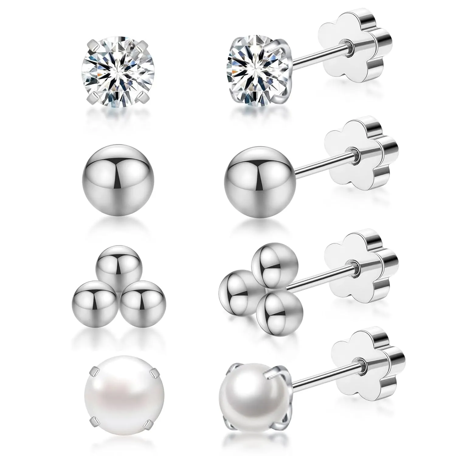 4Pairs Flat Back Earrings for Women,Stainless Steel Hypoallergenic Screw Back Earrings,CZ Pearl Ball Stud Earrings,Nap Earrings Helix Piercing Cartilage Earrings for Girls Women