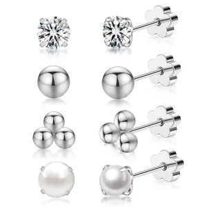 4Pairs Flat Back Earrings for Women,Stainless Steel Hypoallergenic Screw Back Earrings,CZ Pearl Ball Stud Earrings,Nap Earrings Helix Piercing Cartilage Earrings for Girls Women