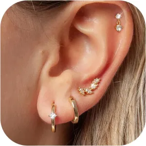4Pairs Small Gold Earring Sets For Women, 14K Gold Plated Trendy Gold Earrings Stack For Multiple Piercing, Hypoallergenic Double Hoops Earrings Set For Women Gift Box