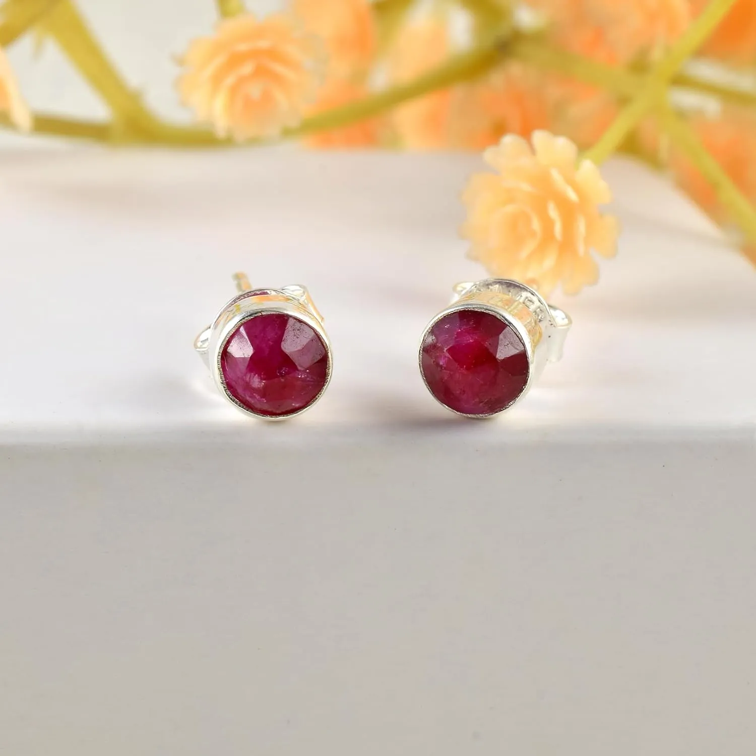 5 MM Natural Ruby 925 Sterling Silver Hypoallergenic Studs Earrings Jewelry for Women Dainty Trendy Antiqued Silver August Birthstone Earrings Jewelry Gifts for Women and Her