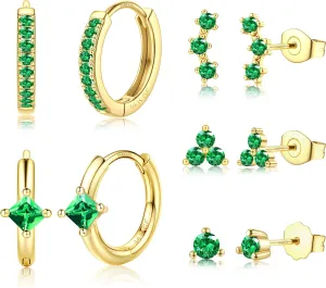5 Pairs 14K Gold Filled Hoop Earrings Sterling Silver Post Cubic Zirconia Studs Earrings for Women Trendy Cartilage Earrings Huggie Hoop Earrings Set for Multiple Piercings