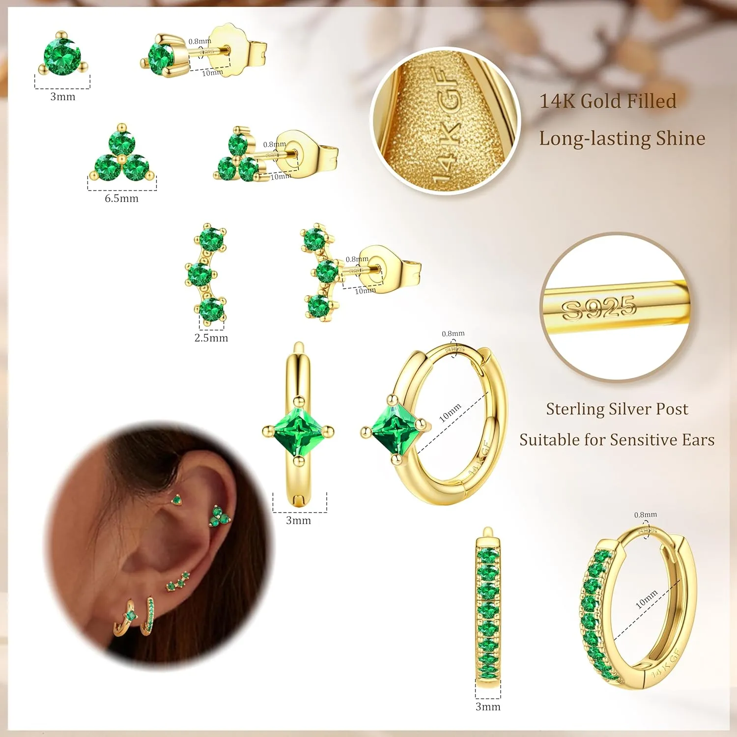 5 Pairs 14K Gold Filled Hoop Earrings Sterling Silver Post Cubic Zirconia Studs Earrings for Women Trendy Cartilage Earrings Huggie Hoop Earrings Set for Multiple Piercings