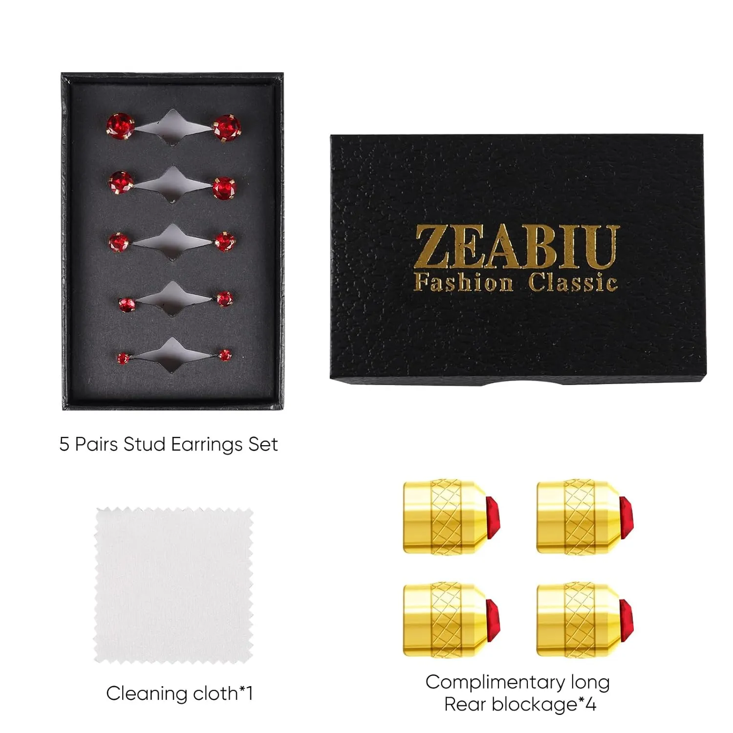 5 Pairs Flat Back Stud Earrings for Women, Trendy Cartilage Earring, Hypoallergenic Titanium Earrings Set, Cubic Zirconia Flatback Ear Rings Non Tarnish ((3mm~7mm) x1, Red Gem(Gold Color))