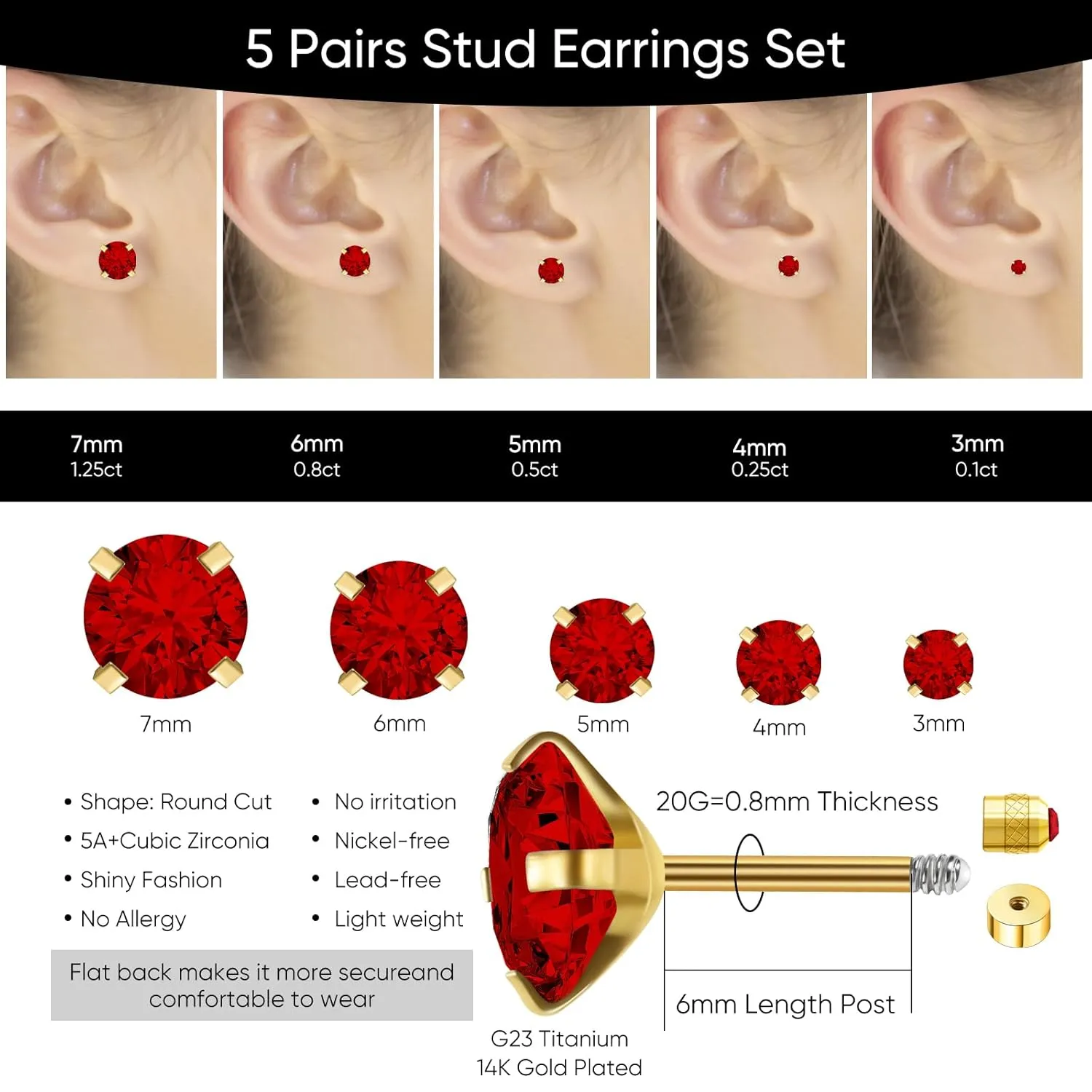5 Pairs Flat Back Stud Earrings for Women, Trendy Cartilage Earring, Hypoallergenic Titanium Earrings Set, Cubic Zirconia Flatback Ear Rings Non Tarnish ((3mm~7mm) x1, Red Gem(Gold Color))
