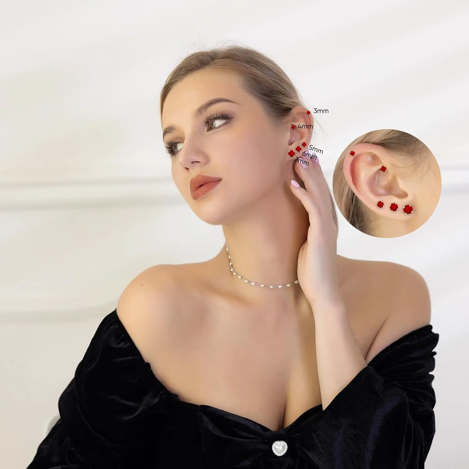 5 Pairs Flat Back Stud Earrings for Women, Trendy Cartilage Earring, Hypoallergenic Titanium Earrings Set, Cubic Zirconia Flatback Ear Rings Non Tarnish ((3mm~7mm) x1, Red Gem(Gold Color))