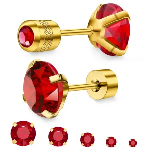 5 Pairs Flat Back Stud Earrings for Women, Trendy Cartilage Earring, Hypoallergenic Titanium Earrings Set, Cubic Zirconia Flatback Ear Rings Non Tarnish ((3mm~7mm) x1, Red Gem(Gold Color))