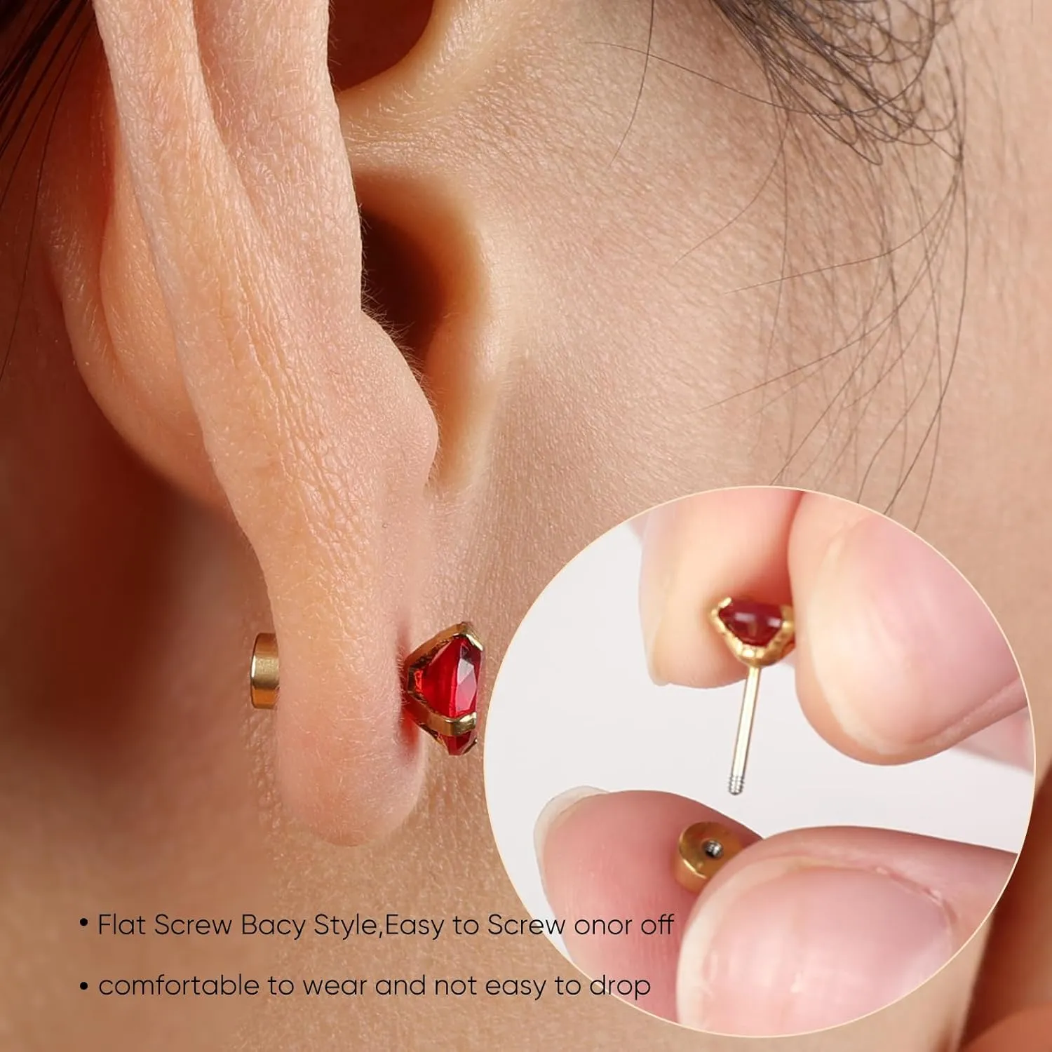 5 Pairs Flat Back Stud Earrings for Women, Trendy Cartilage Earring, Hypoallergenic Titanium Earrings Set, Cubic Zirconia Flatback Ear Rings Non Tarnish ((3mm~7mm) x1, Red Gem(Gold Color))