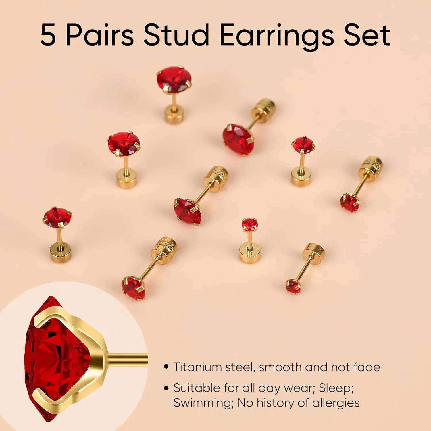 5 Pairs Flat Back Stud Earrings for Women, Trendy Cartilage Earring, Hypoallergenic Titanium Earrings Set, Cubic Zirconia Flatback Ear Rings Non Tarnish ((3mm~7mm) x1, Red Gem(Gold Color))