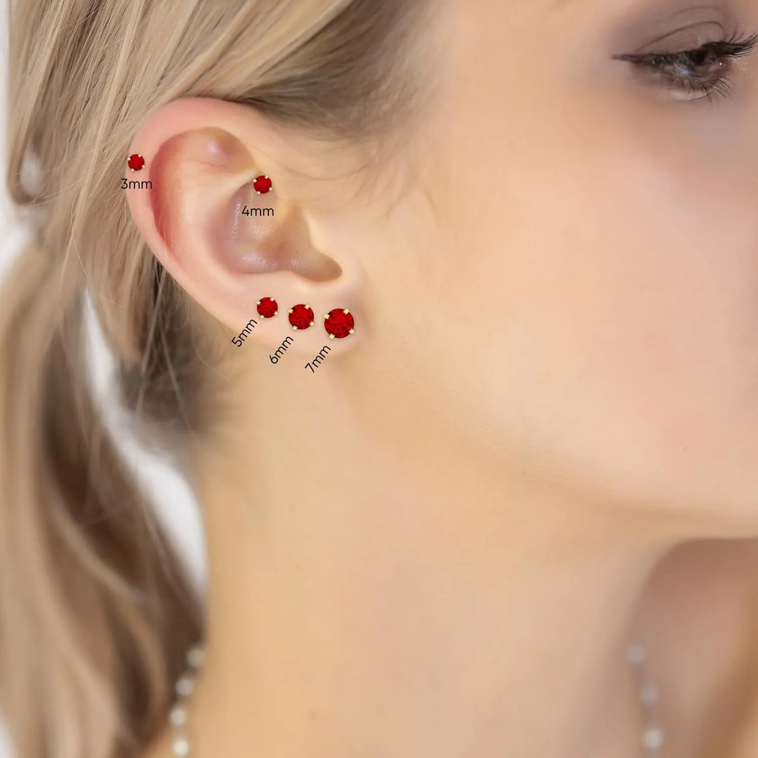 5 Pairs Flat Back Stud Earrings for Women, Trendy Cartilage Earring, Hypoallergenic Titanium Earrings Set, Cubic Zirconia Flatback Ear Rings Non Tarnish ((3mm~7mm) x1, Red Gem(Gold Color))