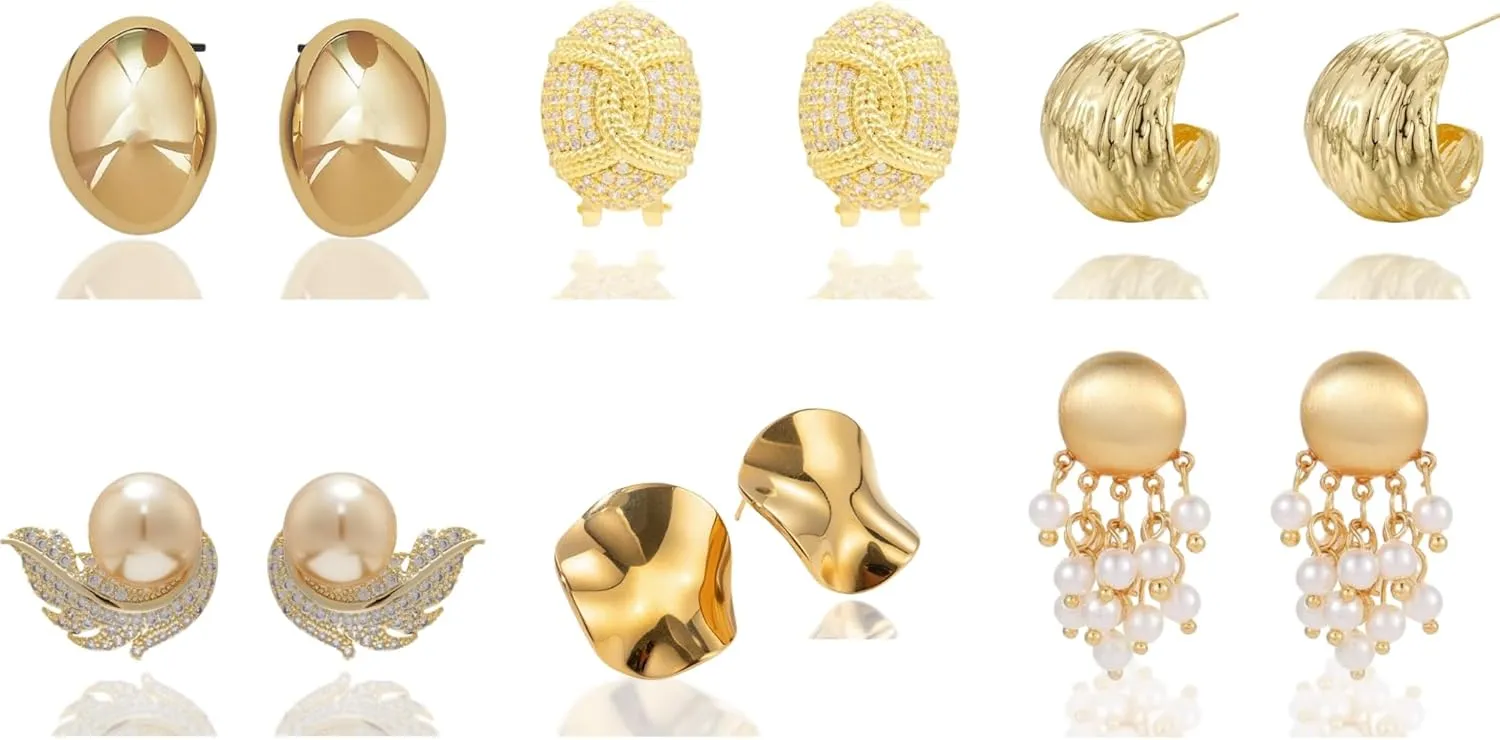 6 Pairs 14K Gold Hoop Earrings for Women, Real Gold Plated Chunky Hoop Earrings Set for Women Hypoallergenic Thick Lightweight Hoop Earrings