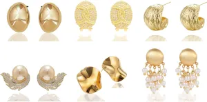 6 Pairs 14K Gold Hoop Earrings for Women, Real Gold Plated Chunky Hoop Earrings Set for Women Hypoallergenic Thick Lightweight Hoop Earrings