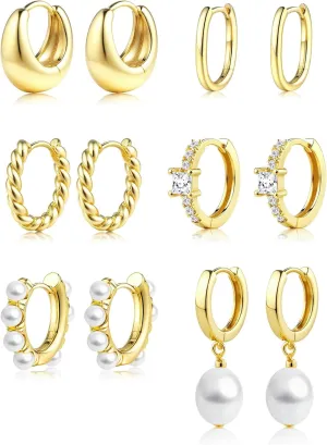 6 Pairs Gold Plated Hoop Earrings Trendy 14K Gold Plated Chunky Hoop Earrings Stack Multipack Pearl Chain Dangle Gold Hoop Earrings for Women