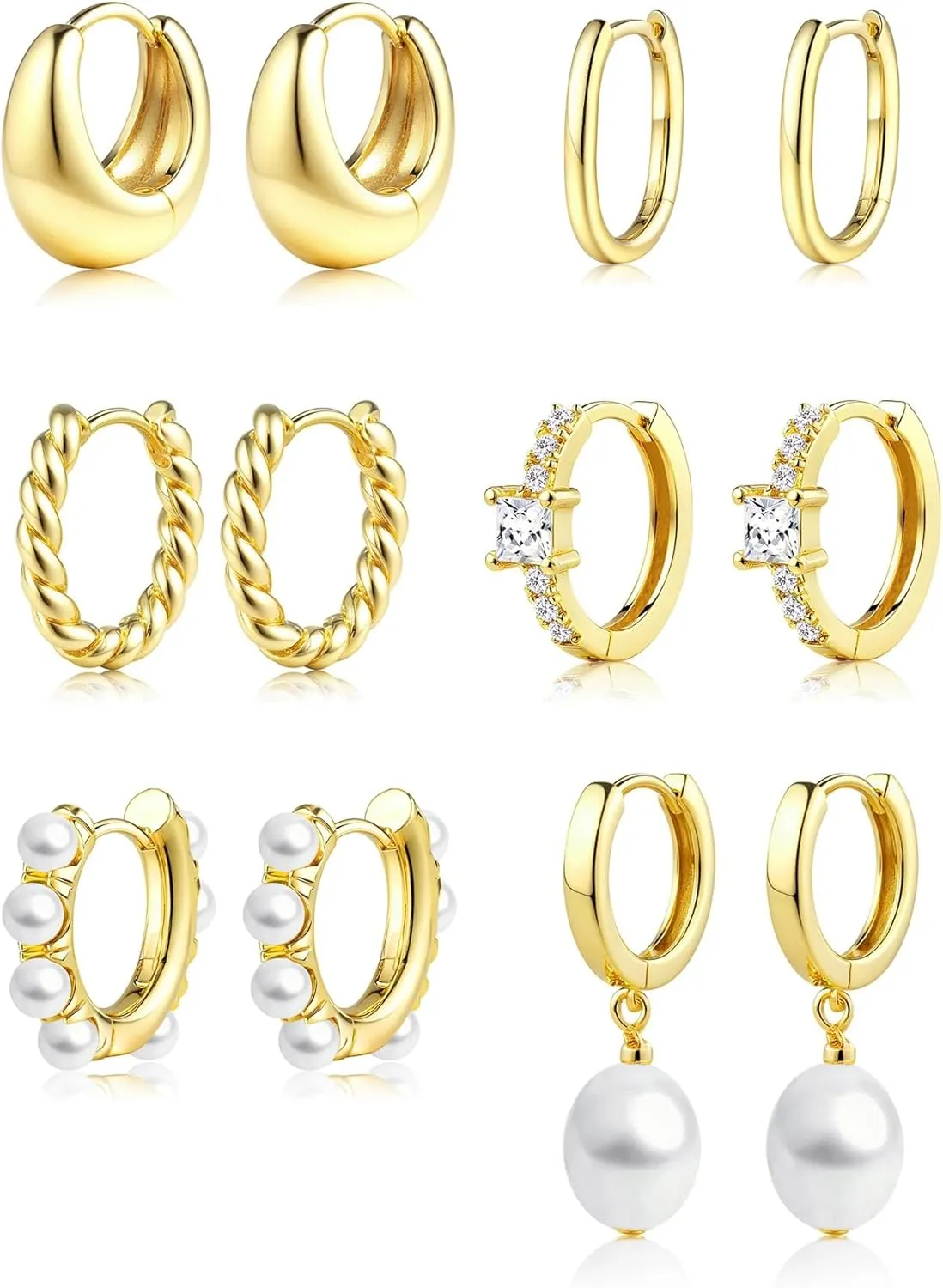 6 Pairs Gold Plated Hoop Earrings Trendy 14K Gold Plated Chunky Hoop Earrings Stack Multipack Pearl Chain Dangle Gold Hoop Earrings for Women