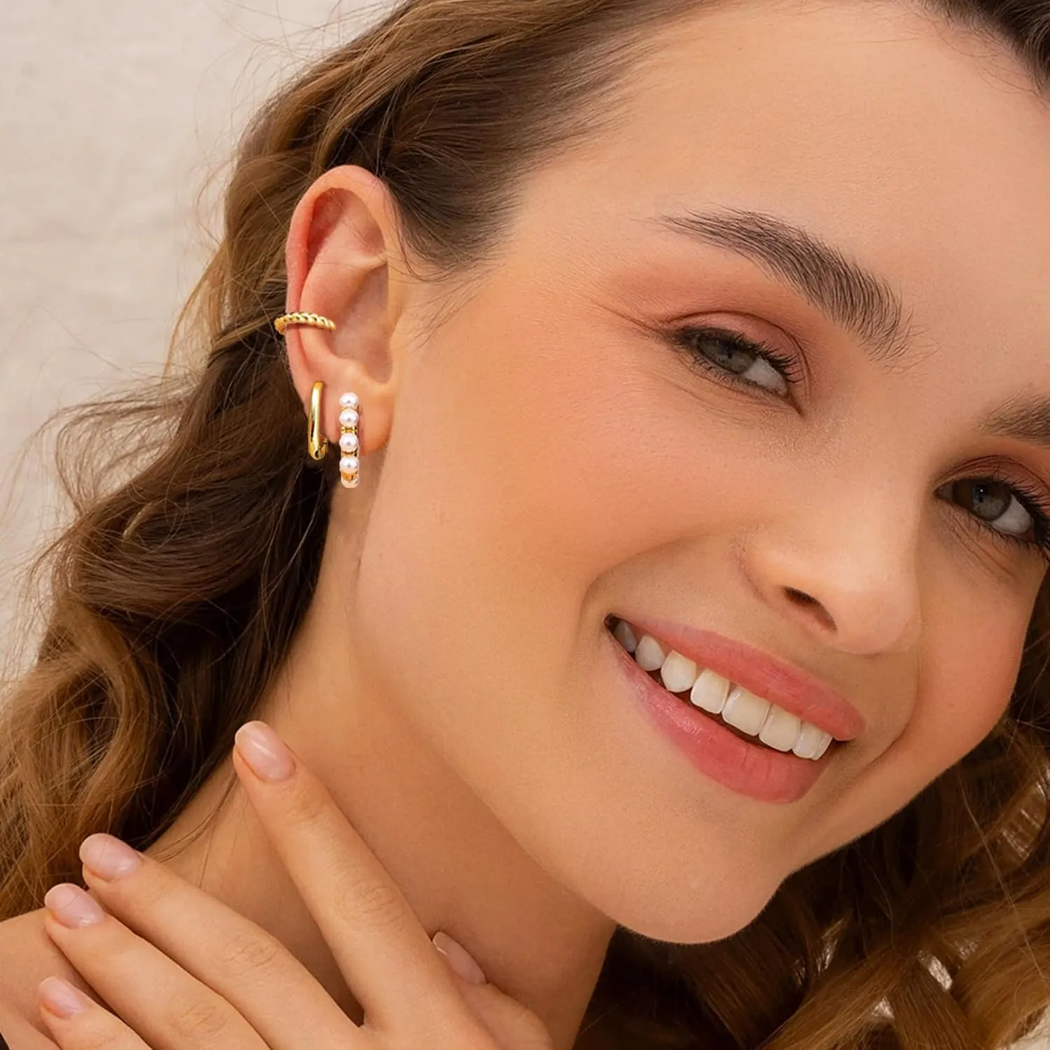 6 Pairs Gold Plated Hoop Earrings Trendy 14K Gold Plated Chunky Hoop Earrings Stack Multipack Pearl Chain Dangle Gold Hoop Earrings for Women