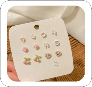 6 Pairs Set Studs Earrings Sweet Cute Bow Flowers Earring Rose Tulip Plumeria Sunflower Hypoallergenic Small Stud Earrings Opal Earrings for Women For Party Or Daily Sleeping