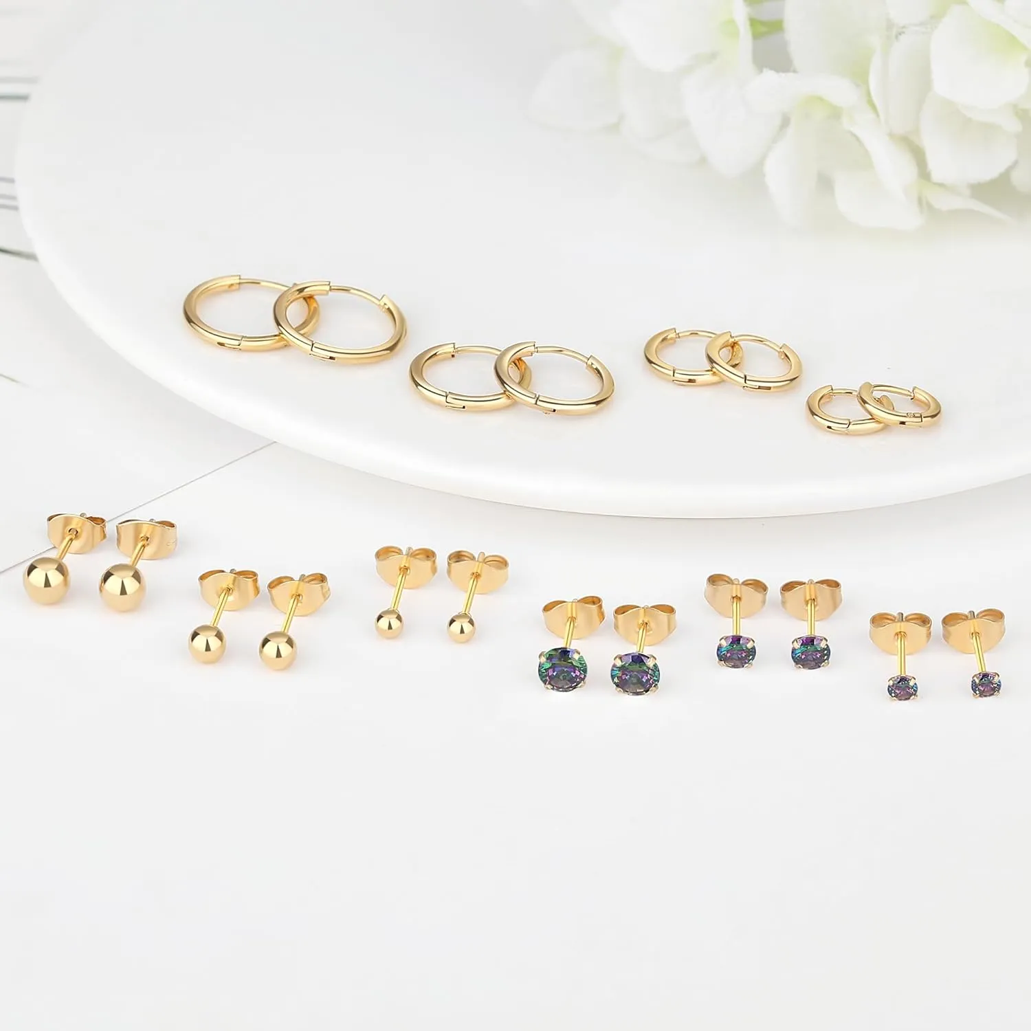 6 Pairs Stud Earrings Set, Hypoallergenic Cubic Zirconia Earrings 316L Stainless Steel CZ Earrings 3-8mm
