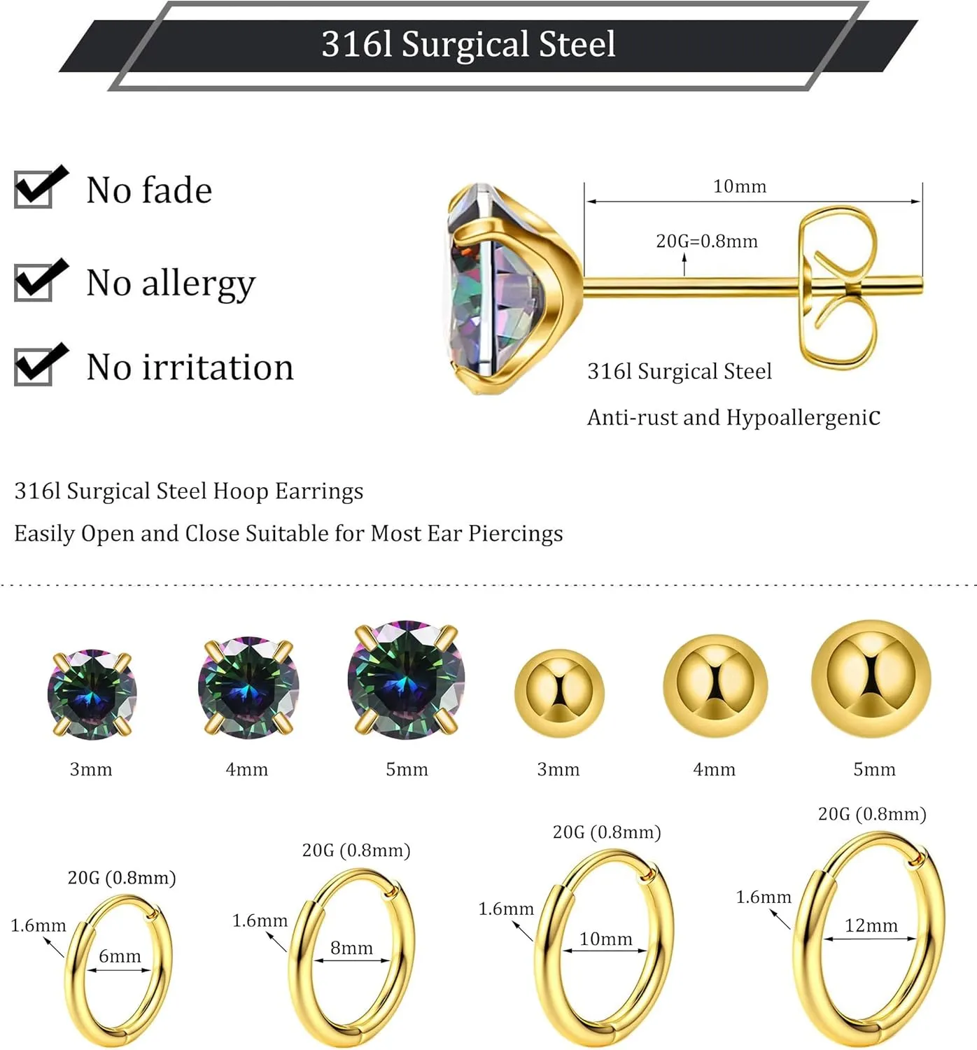 6 Pairs Stud Earrings Set, Hypoallergenic Cubic Zirconia Earrings 316L Stainless Steel CZ Earrings 3-8mm