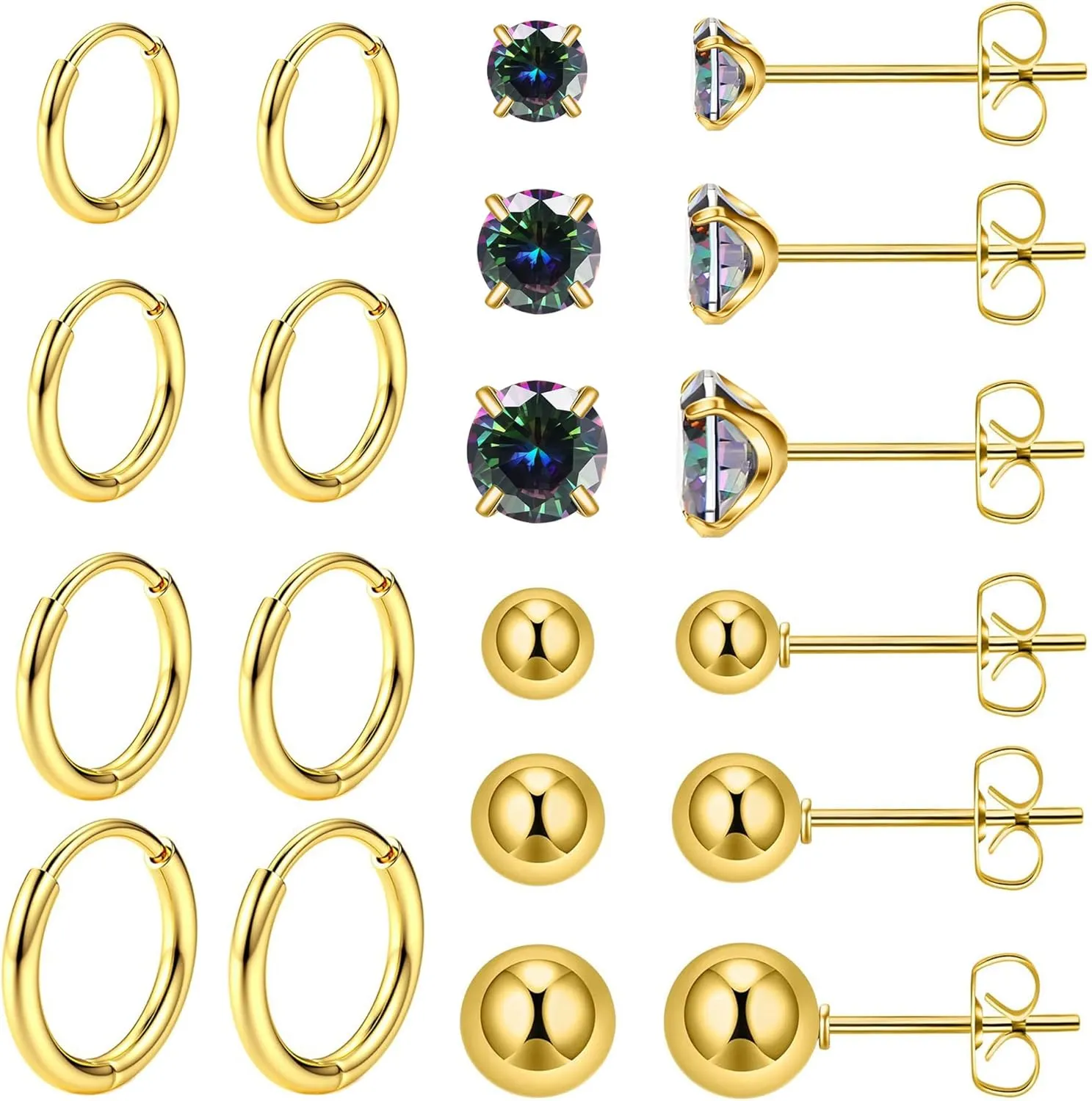 6 Pairs Stud Earrings Set, Hypoallergenic Cubic Zirconia Earrings 316L Stainless Steel CZ Earrings 3-8mm