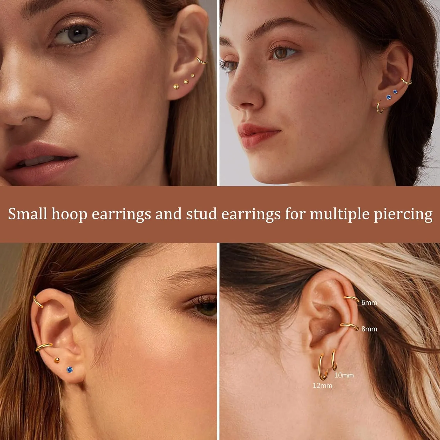 6 Pairs Stud Earrings Set, Hypoallergenic Cubic Zirconia Earrings 316L Stainless Steel CZ Earrings 3-8mm