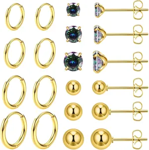 6 Pairs Stud Earrings Set, Hypoallergenic Cubic Zirconia Earrings 316L Stainless Steel CZ Earrings 3-8mm