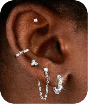 7 Pairs Gold Earrings Set for Women Trendy,Hypoallergenic Surgical Steel Flat Back Cartilage Earring Sets for Multiple Piercing,Lightweight Small Silver Gold Ear Cuff Huggie Hoop Stud Earrings Stacks