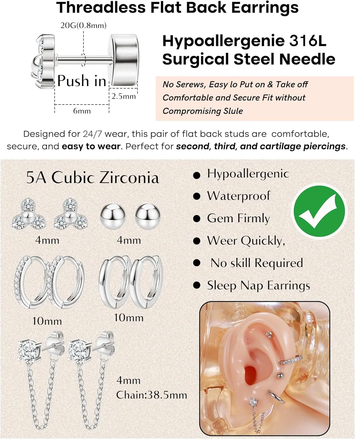 7 Pairs Gold Earrings Set for Women Trendy,Hypoallergenic Surgical Steel Flat Back Cartilage Earring Sets for Multiple Piercing,Lightweight Small Silver Gold Ear Cuff Huggie Hoop Stud Earrings Stacks
