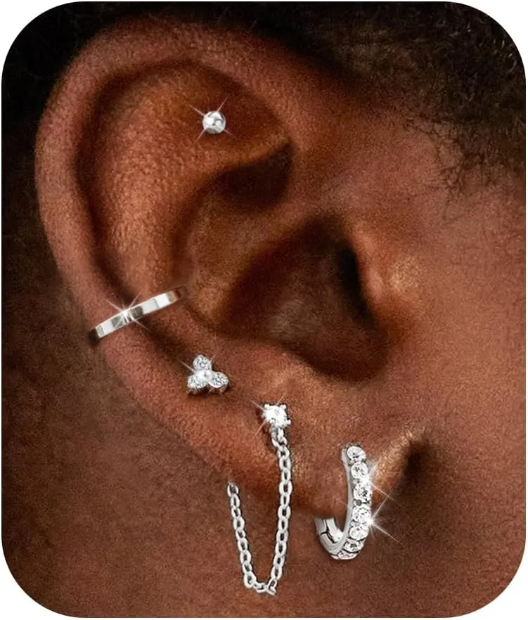 7 Pairs Gold Earrings Set for Women Trendy,Hypoallergenic Surgical Steel Flat Back Cartilage Earring Sets for Multiple Piercing,Lightweight Small Silver Gold Ear Cuff Huggie Hoop Stud Earrings Stacks