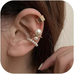 7Pcs Gold Pearl Ear Cuffs Earrings Set for Women Non Piercing Earring Cartilage Clip On Earrings