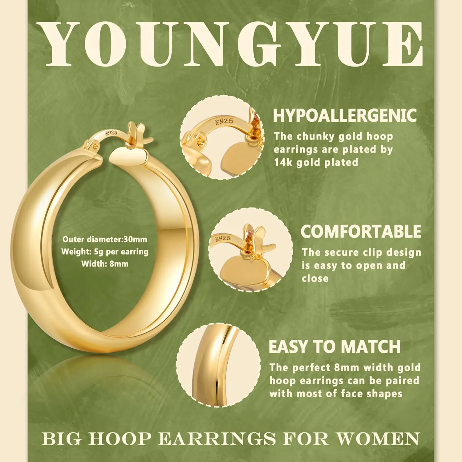 8mm Wide Chunky Gold Hoops 14K Real Gold Plated Hypoallergenic 925 Sterling Silver Hoops Lightweight Big Gold Hoop Earrings for Women 30/40/50/60mm