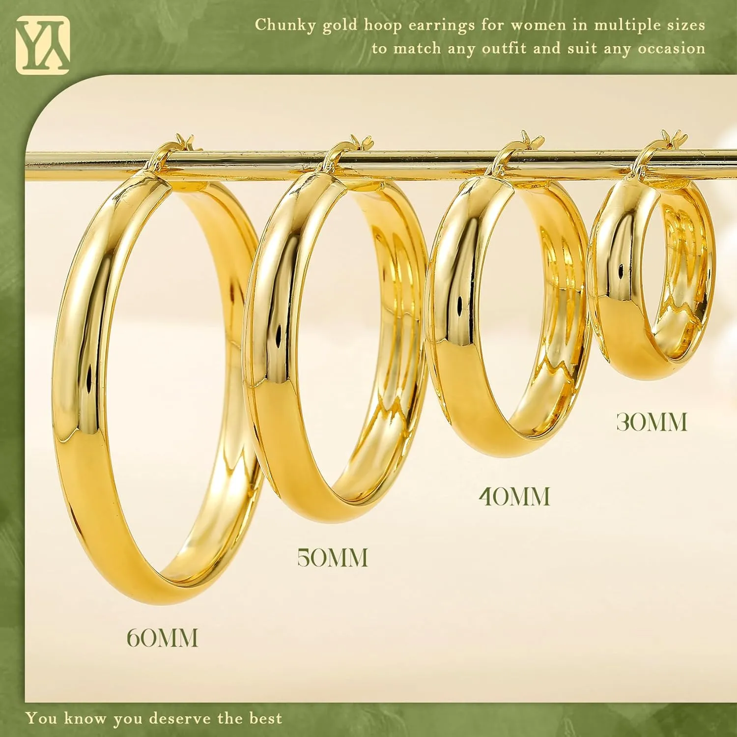 8mm Wide Chunky Gold Hoops 14K Real Gold Plated Hypoallergenic 925 Sterling Silver Hoops Lightweight Big Gold Hoop Earrings for Women 30/40/50/60mm
