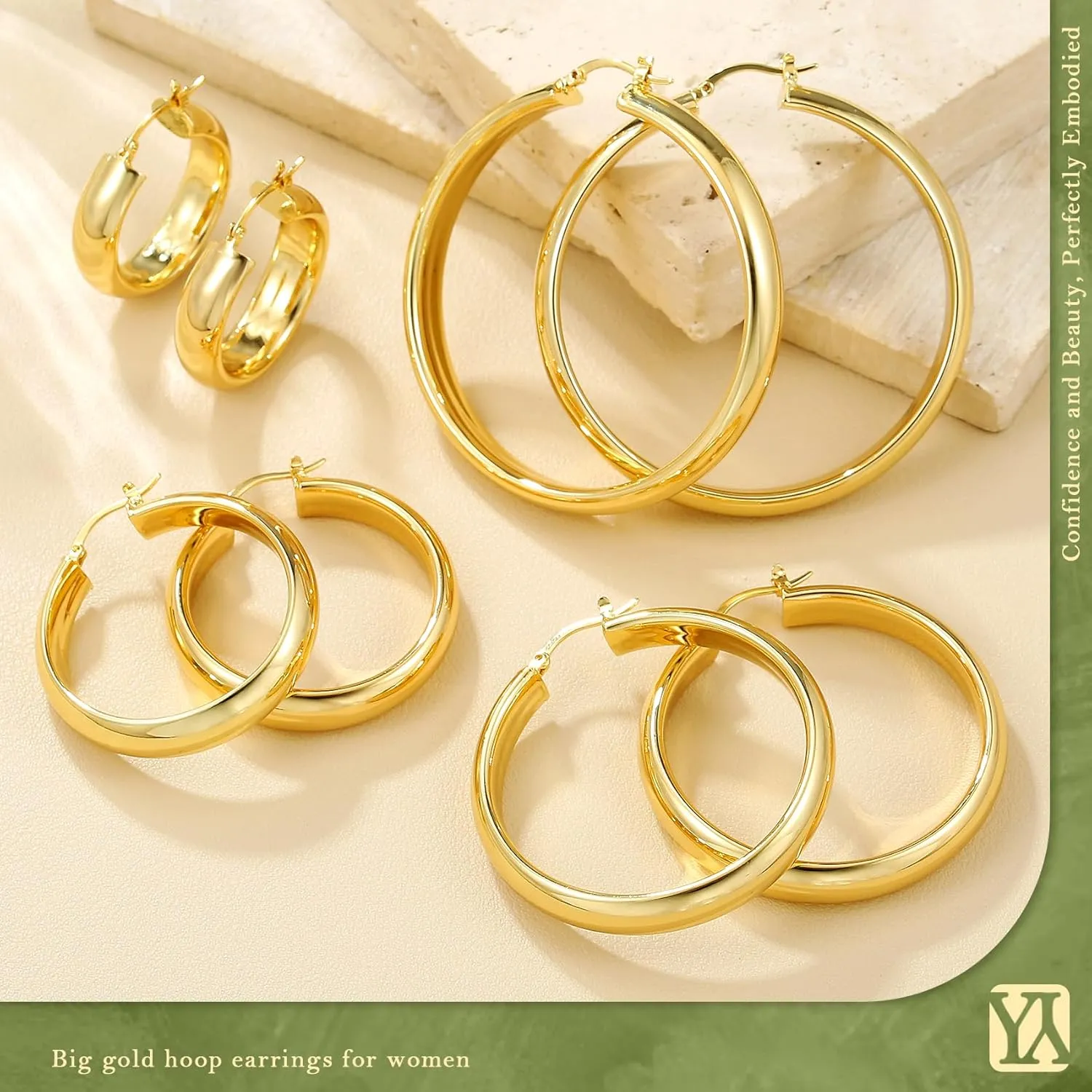 8mm Wide Chunky Gold Hoops 14K Real Gold Plated Hypoallergenic 925 Sterling Silver Hoops Lightweight Big Gold Hoop Earrings for Women 30/40/50/60mm
