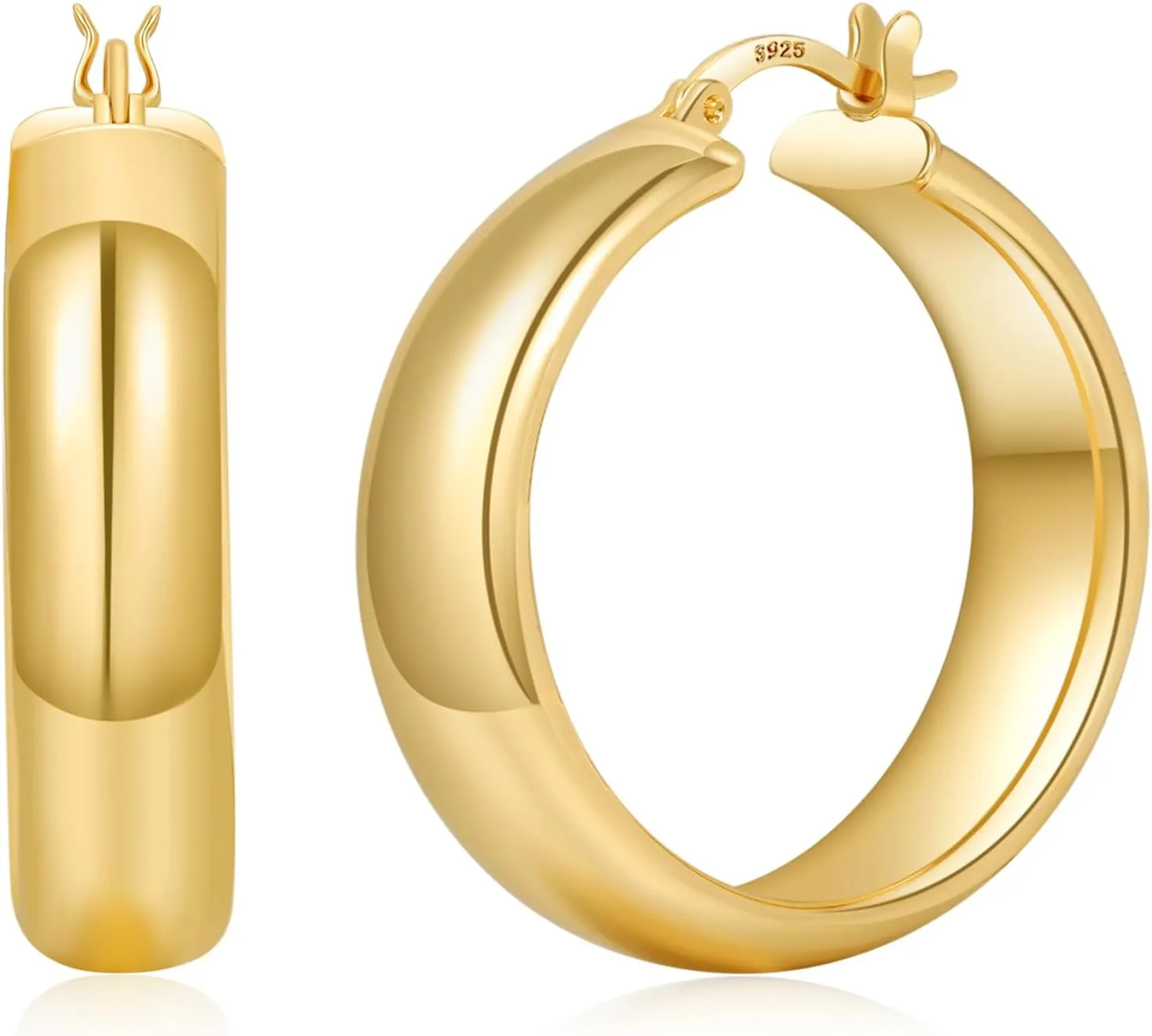8mm Wide Chunky Gold Hoops 14K Real Gold Plated Hypoallergenic 925 Sterling Silver Hoops Lightweight Big Gold Hoop Earrings for Women 30/40/50/60mm