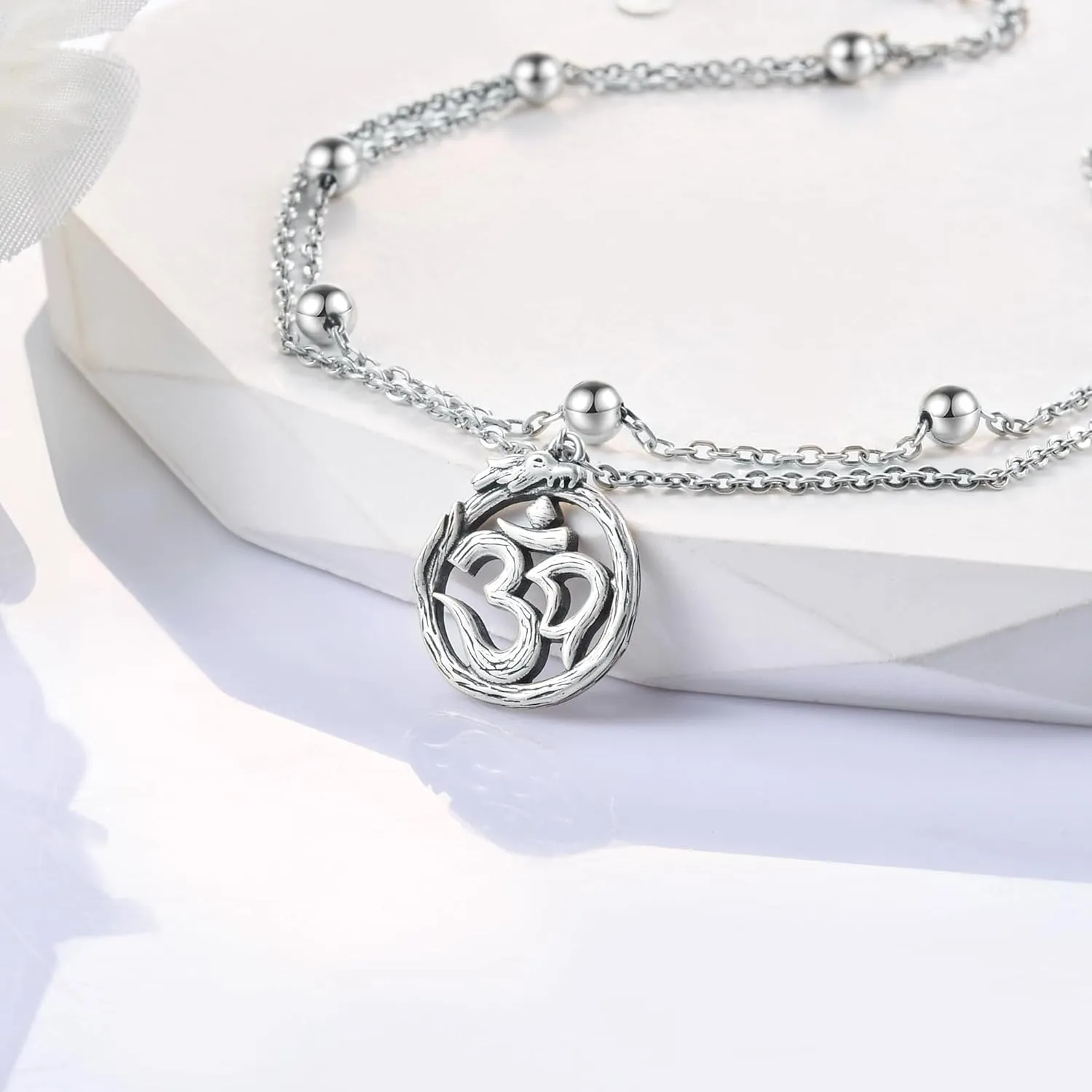 925 Sterling Silver Anklets Bracelets for Women Dainty Beach Layered Chakra Anklets Yoga OM Symbol Charm Anklet Bracelet Jewelry for Women Wife Girlfriend Friends