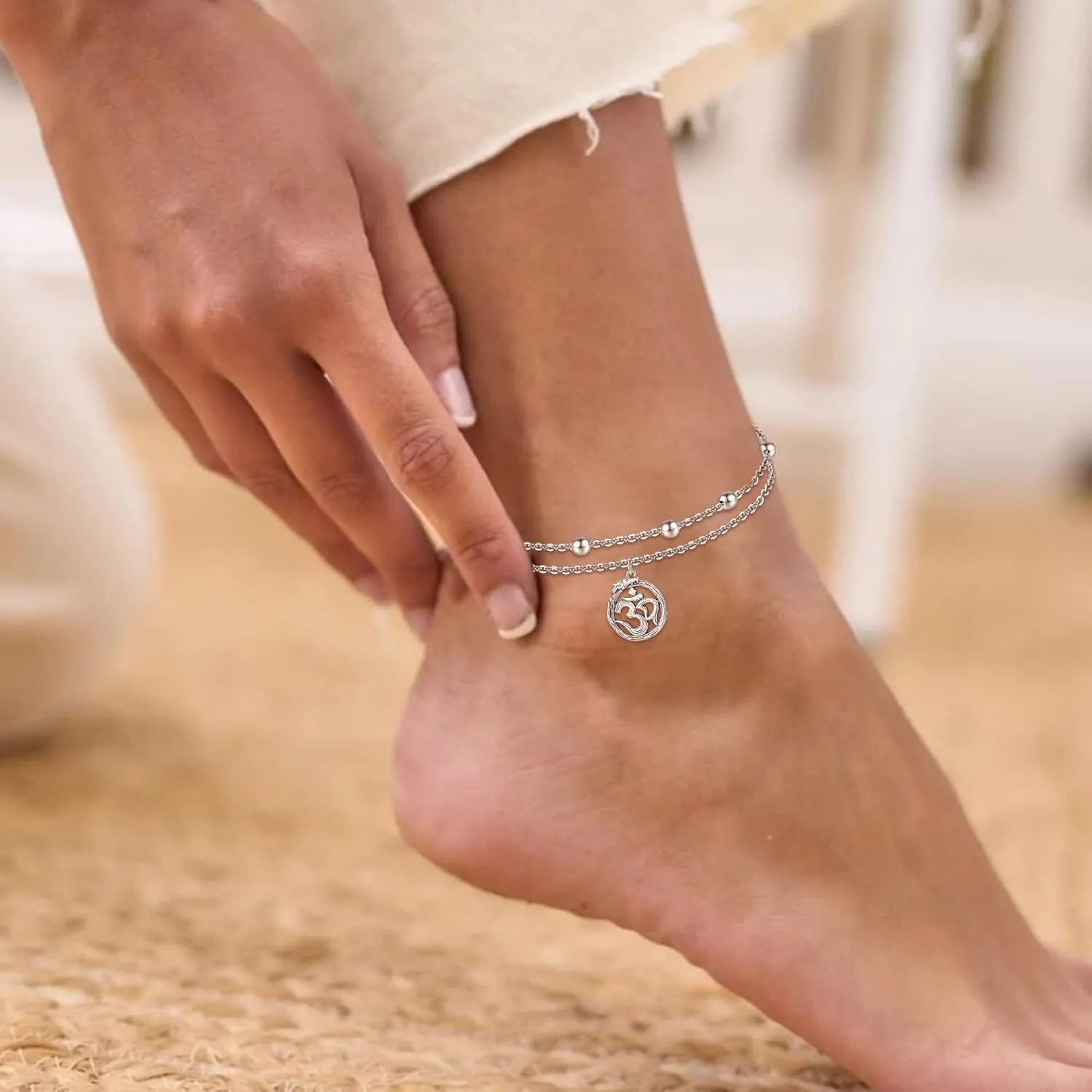 925 Sterling Silver Anklets Bracelets for Women Dainty Beach Layered Chakra Anklets Yoga OM Symbol Charm Anklet Bracelet Jewelry for Women Wife Girlfriend Friends