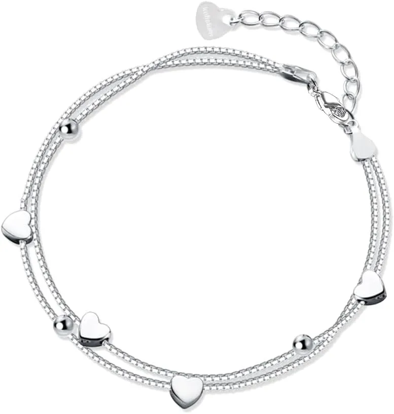925 Sterling Silver Bracelets for Women Teens, Love Heart Charm Chain Bracelet Bangle Fashion Jewelry Gifts