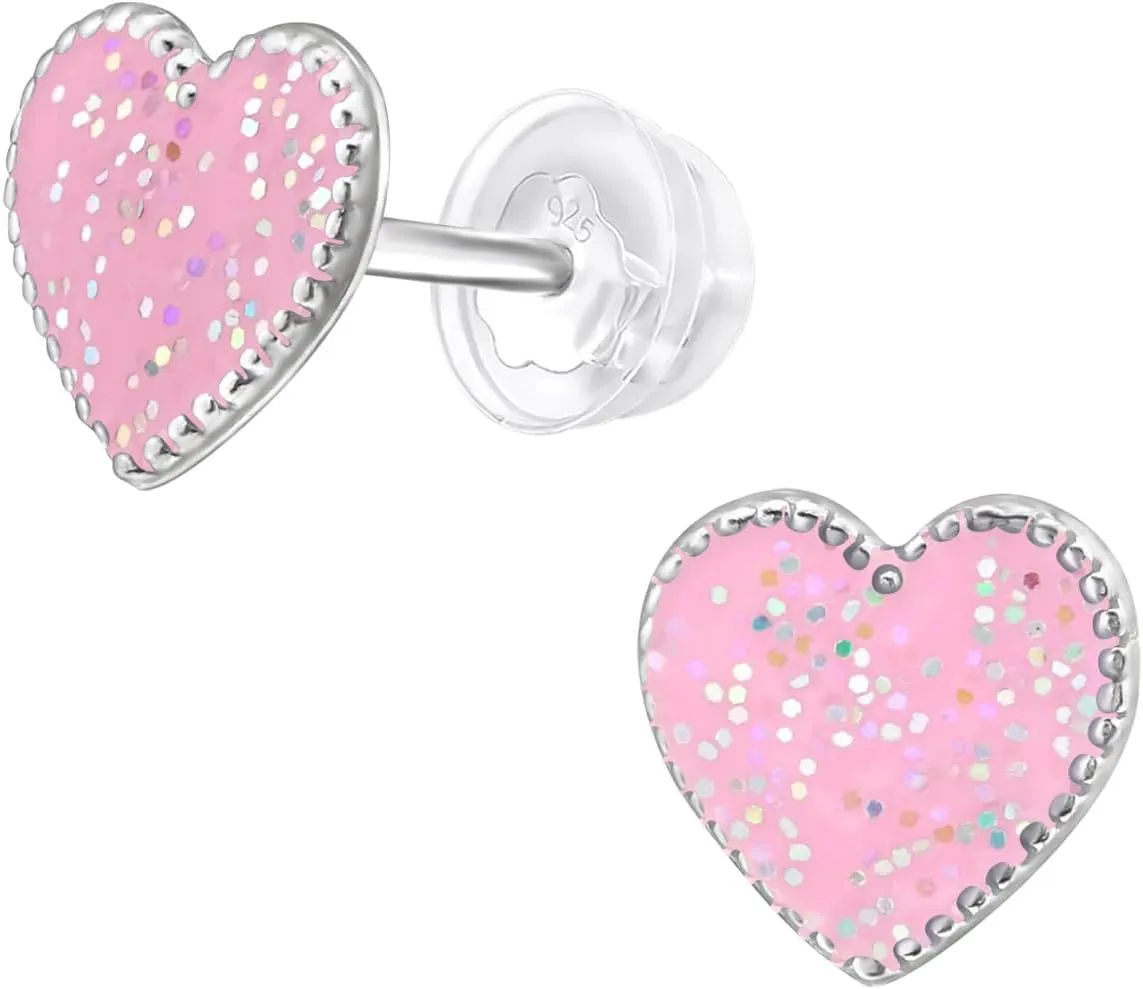 925 Sterling Silver Children's Glitter Heart Stud Earrings