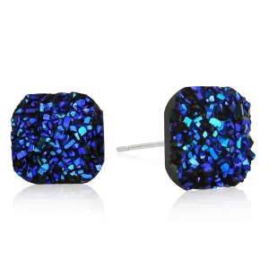 925 Sterling Silver Druzy Stud Earrings Hypoallergenic Square Natural Gemstone Earrings Blue Stud Earrings for Women Trendy Fashion
