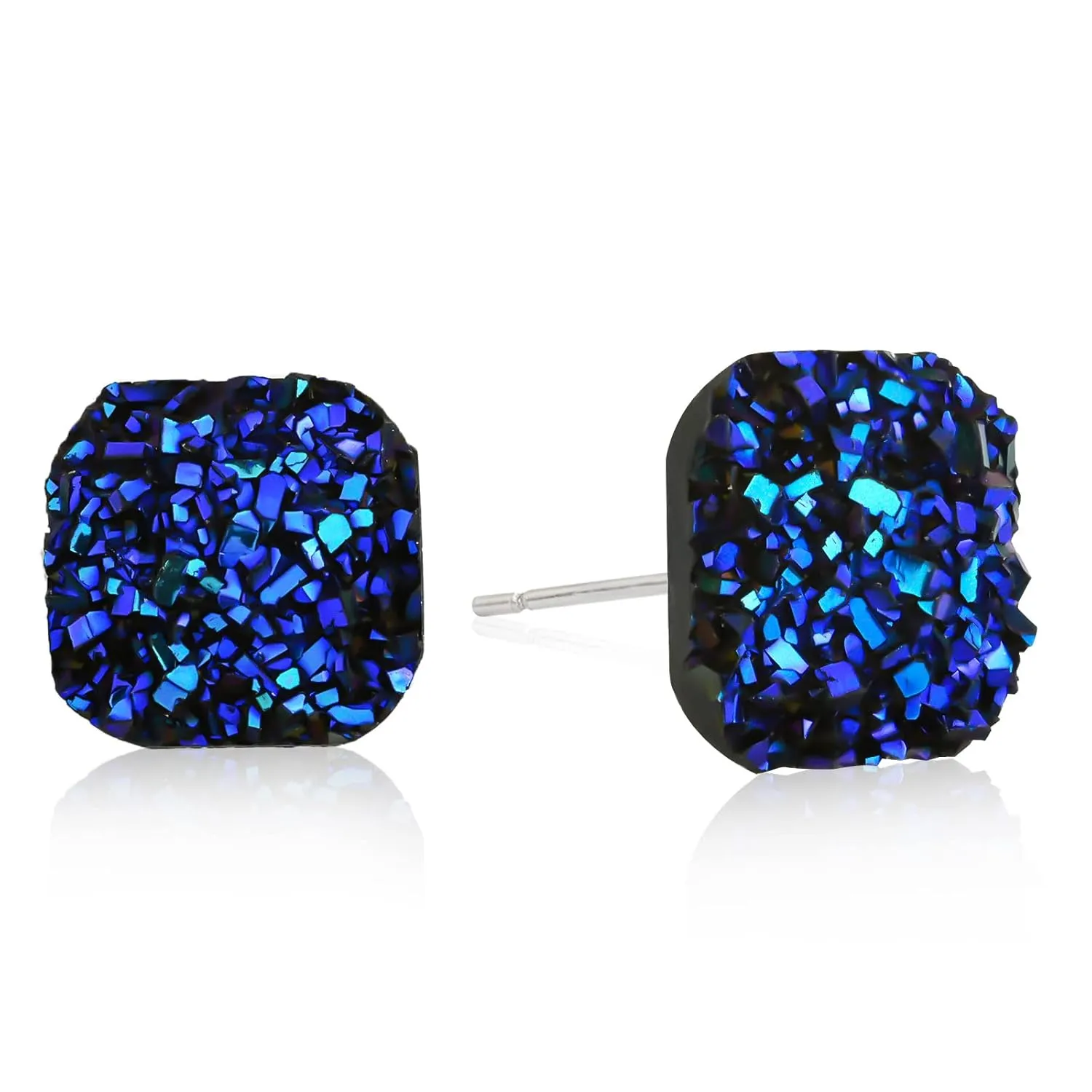 925 Sterling Silver Druzy Stud Earrings Hypoallergenic Square Natural Gemstone Earrings Blue Stud Earrings for Women Trendy Fashion