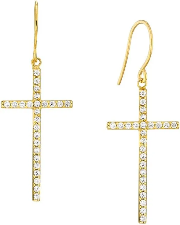 925 Sterling Silver Gold Plated Dangle CZ Simulated Diamond Religious Faith Cross Earrings With Euro Wire-Dangle Earring for Women