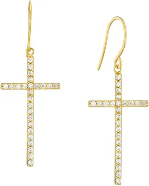 925 Sterling Silver Gold Plated Dangle CZ Simulated Diamond Religious Faith Cross Earrings With Euro Wire-Dangle Earring for Women
