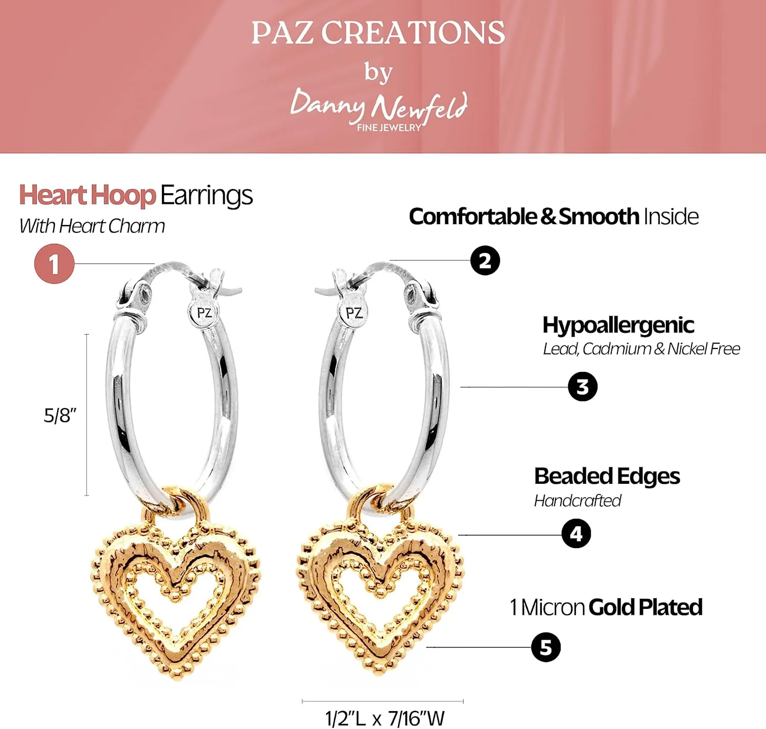 925 Sterling Silver Heart Hoop Earrings with Heart Charm, Hypoallergenic Hoop Earrings for Girls and Women, Dainty Earrings, Trendy Jewelry by Paz Creations, Gold/Rose Gold/Silver Charm