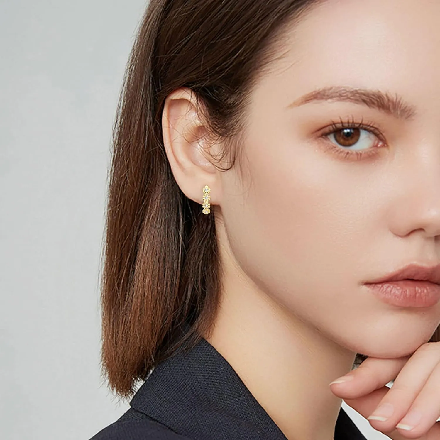 925 Sterling Silver Hoop Earrings for Women Girls Beautiful Flower Cluster Diameter 10mm/12mm Hypoallergenic Small huggie earrings, 3 Color in Silver/Gold/Sliver Gold