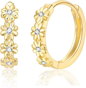 925 Sterling Silver Hoop Earrings for Women Girls Beautiful Flower Cluster Diameter 10mm/12mm Hypoallergenic Small huggie earrings, 3 Color in Silver/Gold/Sliver Gold