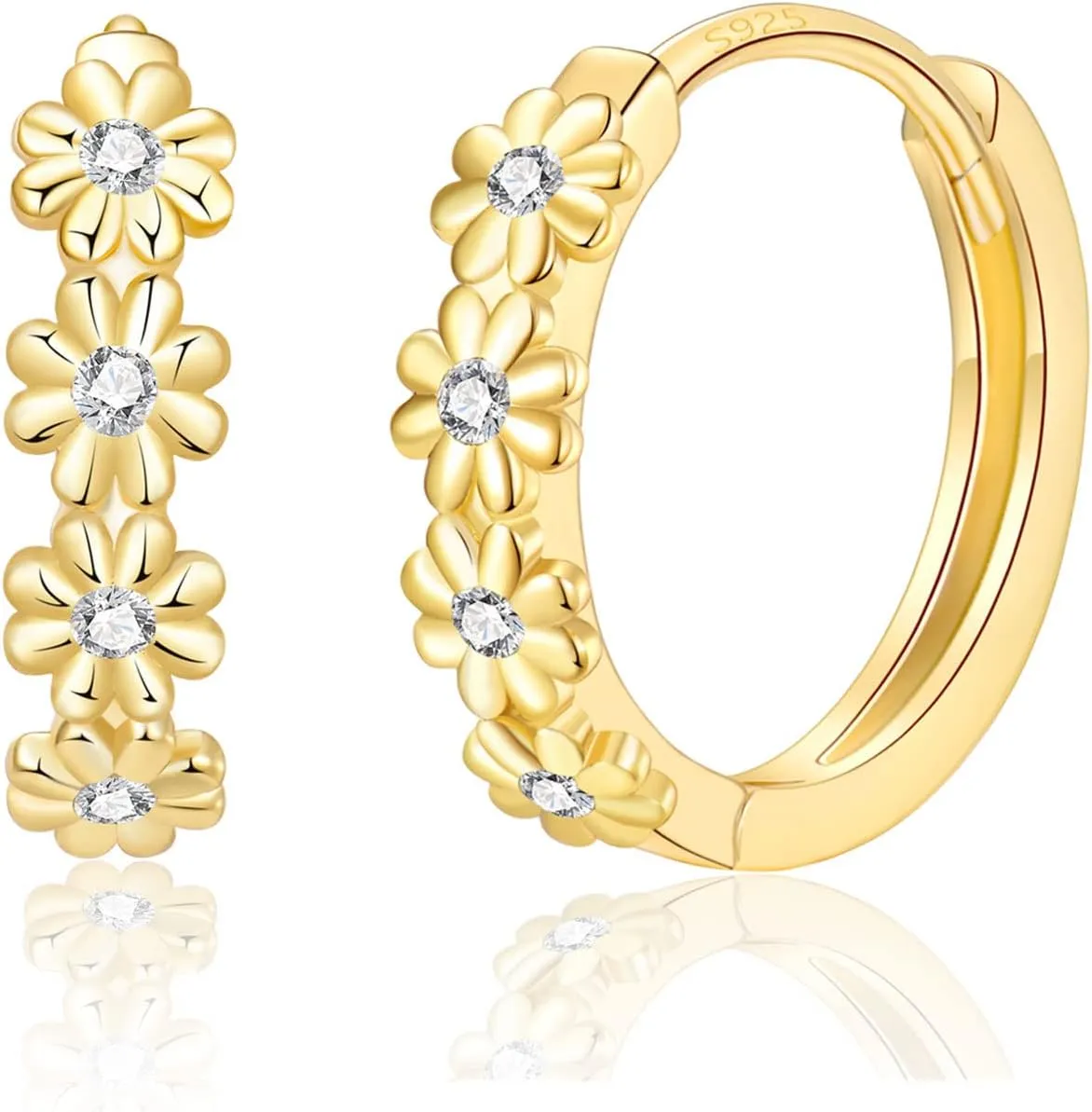 925 Sterling Silver Hoop Earrings for Women Girls Beautiful Flower Cluster Diameter 10mm/12mm Hypoallergenic Small huggie earrings, 3 Color in Silver/Gold/Sliver Gold